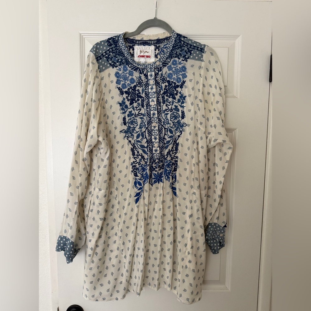 Johnny Was Navy and White Embroidered Tunic Shirt